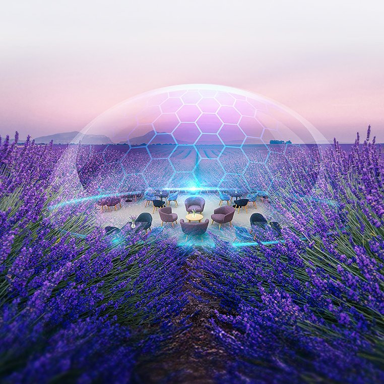 The Violet Vault dome at sunset, surrounded by lavender fields